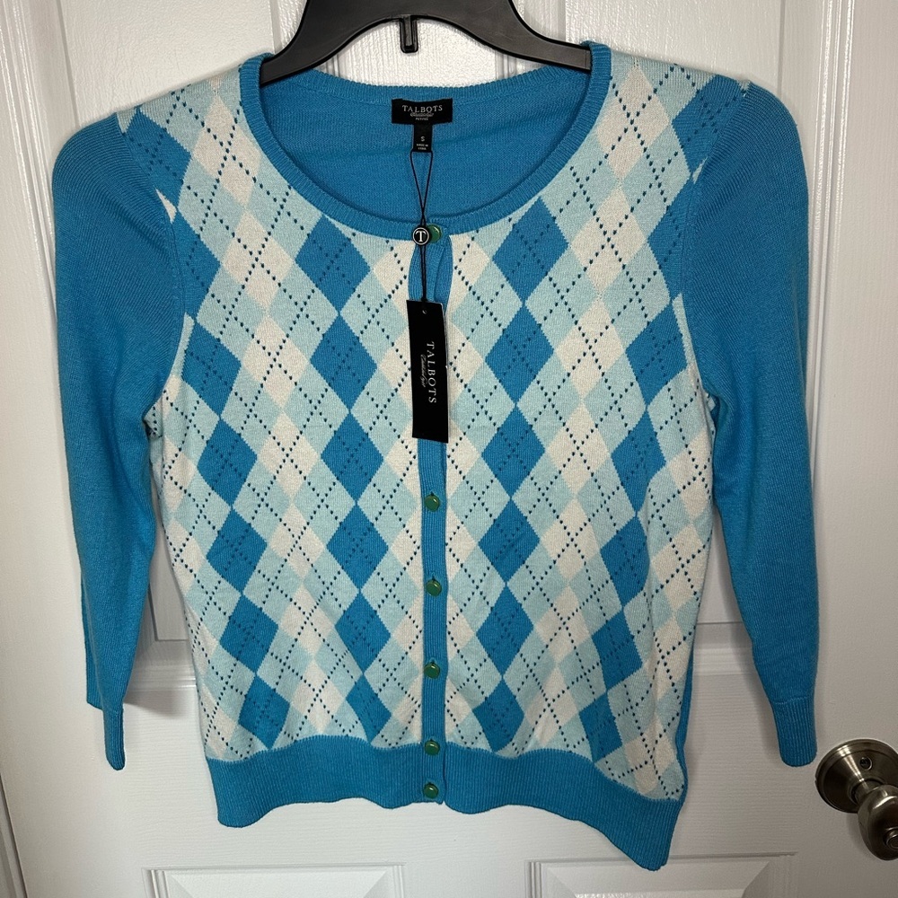 Talbots Blue Argyle Womens Small Silk Blend Sweater Preppy Academia Old Money - Picture 2 of 7